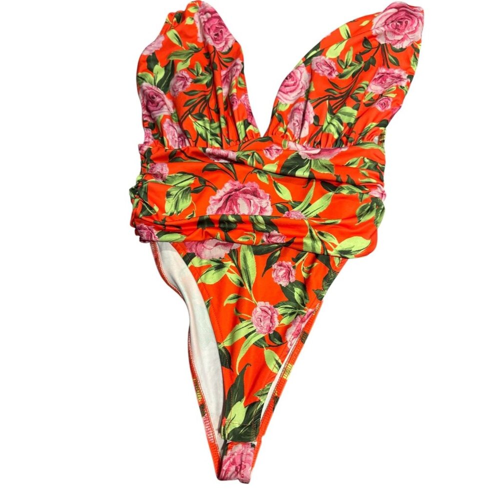 Zara Womens Bright Floral Bodysuit/Swimsuit Tropical Orange & Pink Size M - Picture 2 of 9